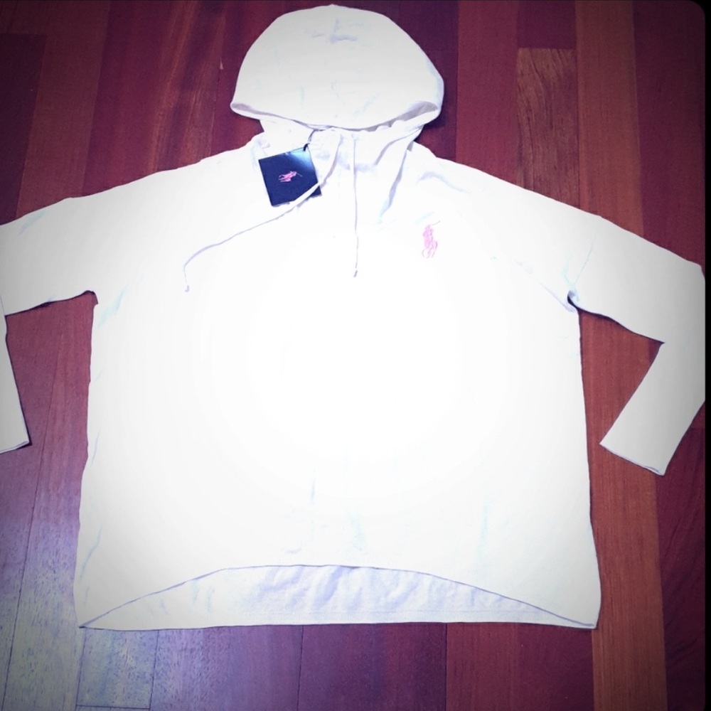 NWT Ralph Lauren Cream Unisex Hoodie Sweater, M, Pink Pony Breast cancer